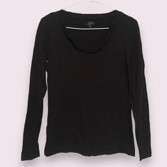 🔥LAST CHANCE! DONATING 7/8 LOFT Black Ruffle Scoop Neck Long-Sleeve Top XXSP - Picture 1 of 5